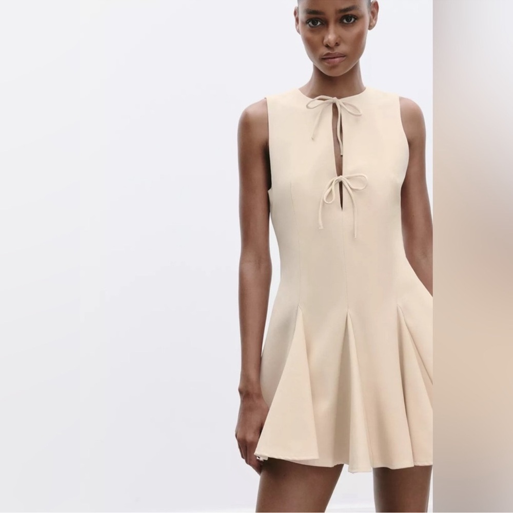 Zara Beige Mini Godet Fit & Flare Dress w/ Front Bow Detail, Sleeveless Sz M NWT - Picture 5 of 8